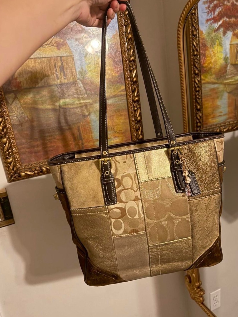Coach Gold Patchwork Signature Tote with Brown Trim